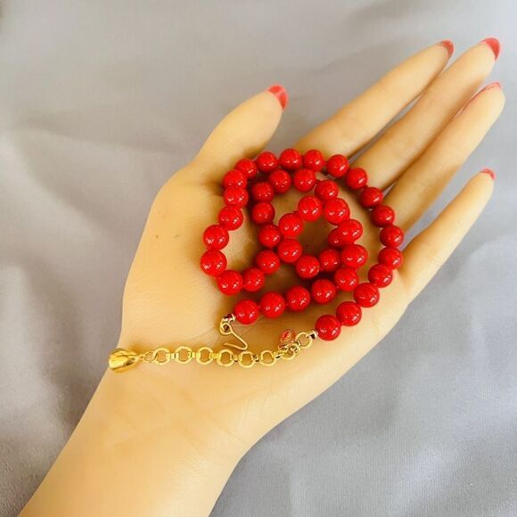 Vintage Monet Necklace Cherry Red Gold Lucite Beads Beaded PRETTY  18” 4325 - Picture 8 of 13